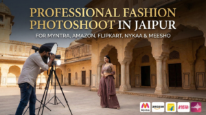 Professional fashion photoshoot in Jaipur for e-commerce, model posing in western wear, banner graphic for Amazon and Myntra catalog services.