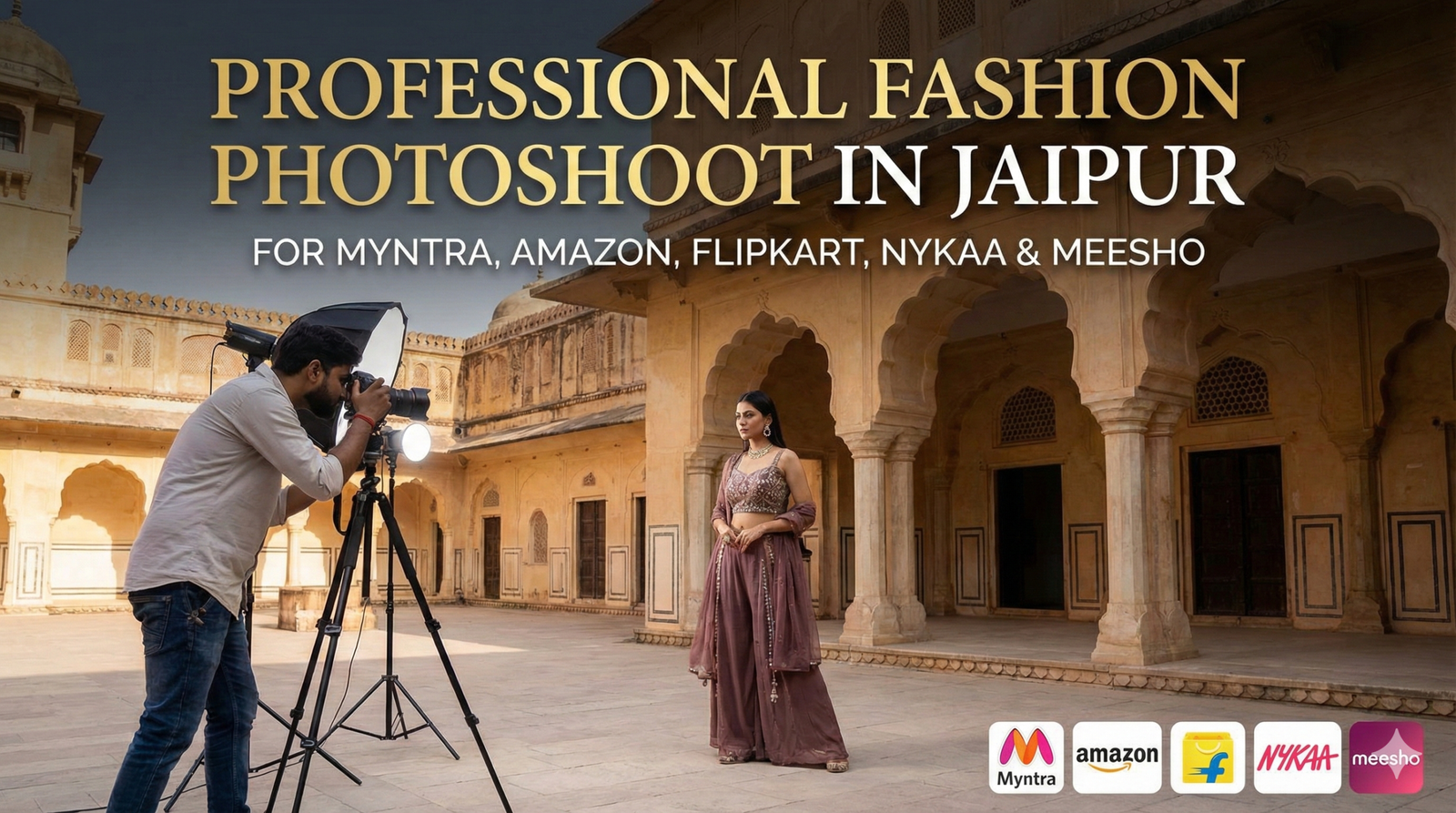 Professional fashion photoshoot in Jaipur for e-commerce, model posing in western wear, banner graphic for Amazon and Myntra catalog services.